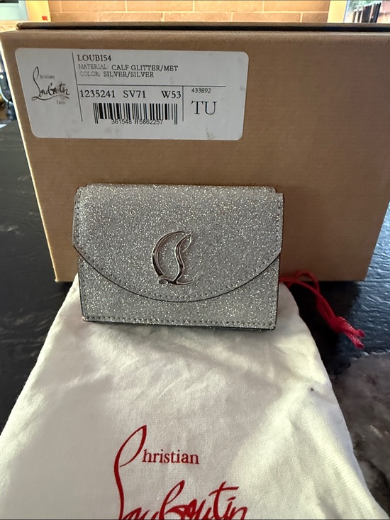 Christian Louboutin Handbags - Christian Louboutin Silver Glitter Mini Card Wallet with Logo Emblem